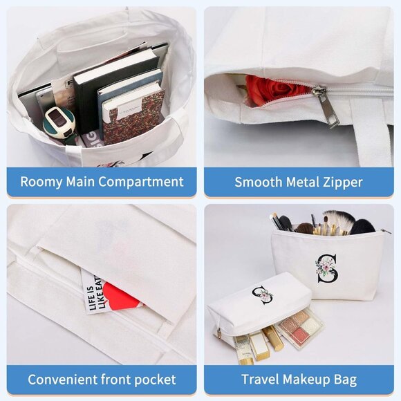 3-Piece Canvas Tote Bag with 2 Makeup Bags -10.6" x 3" x 6" & 7" x 2.5" x 4" - Picture 5 of 7